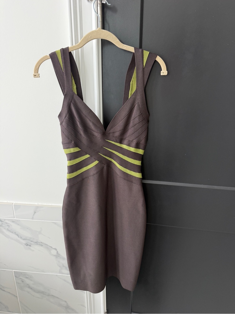 Herve Leger Brown Mini Dress with Lime Accents
